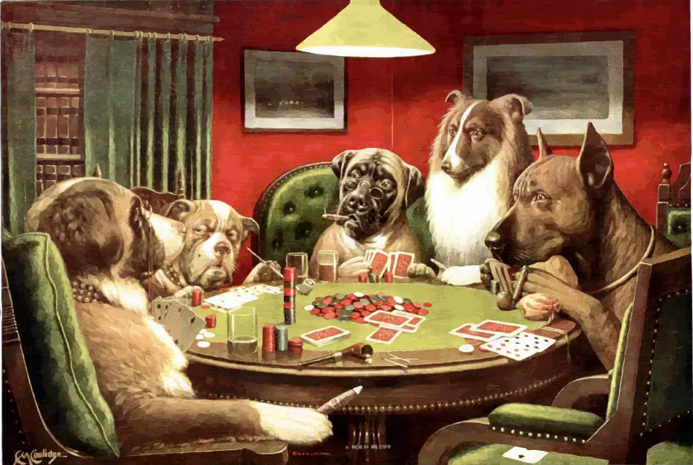 Dogs playing poker under light painting